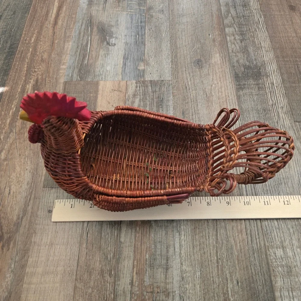 Rooster Woven Basket Wooden Comb Beak Brown Farmhouse Wicker